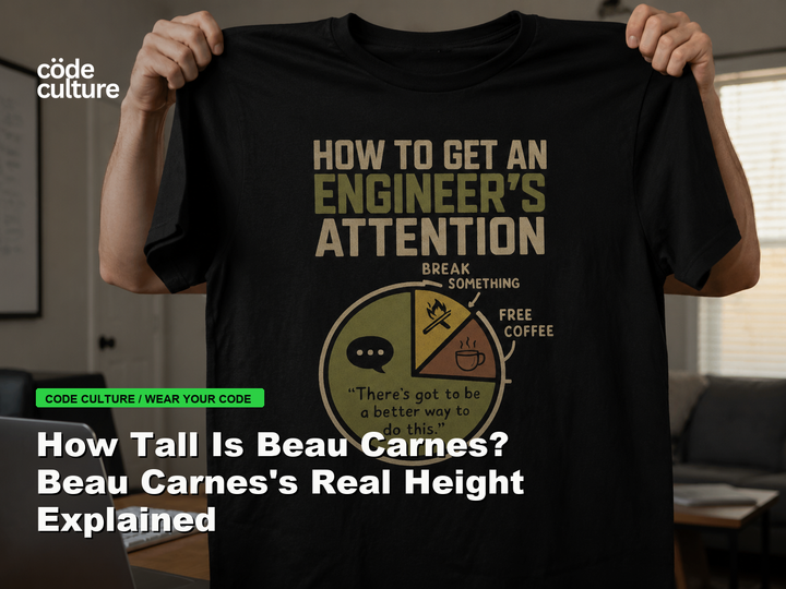 Code Culture blog banner for How Tall Is Beau Carnes? Beau Carnes's Real Height Explained, featuring a how to get an engineer attention developer t-shirt.