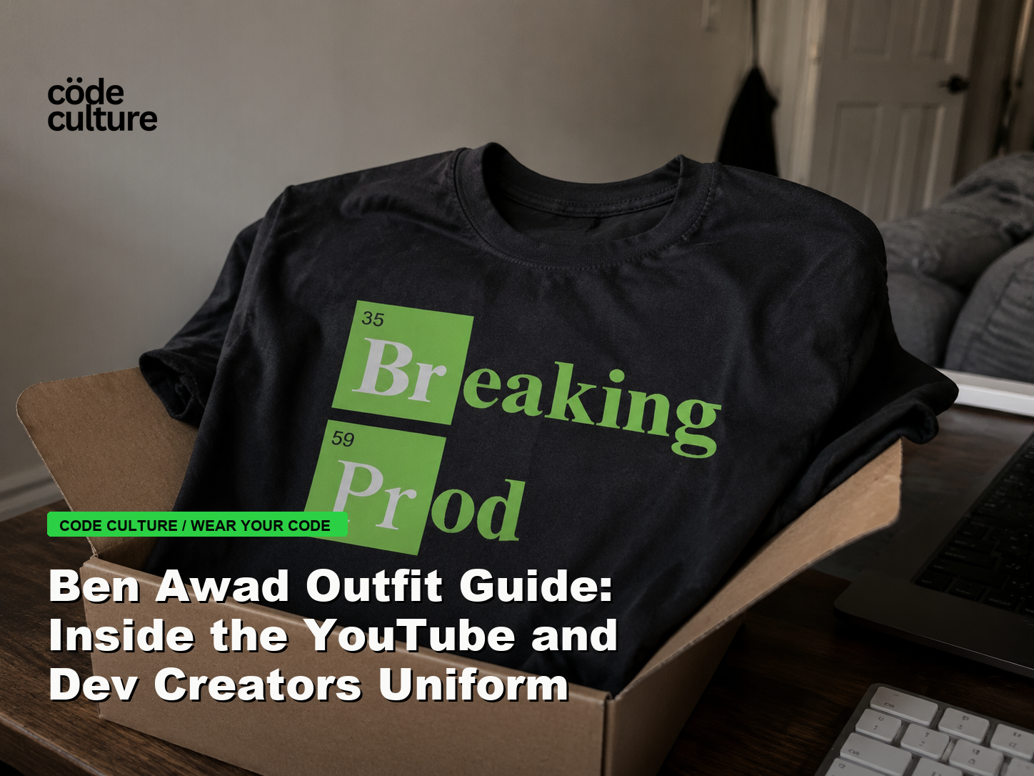 Code Culture blog banner for Ben Awad Outfit Guide: Inside the YouTube and Dev Creators Uniform, featuring a 35 breaking 59 prod developer t-shirt.