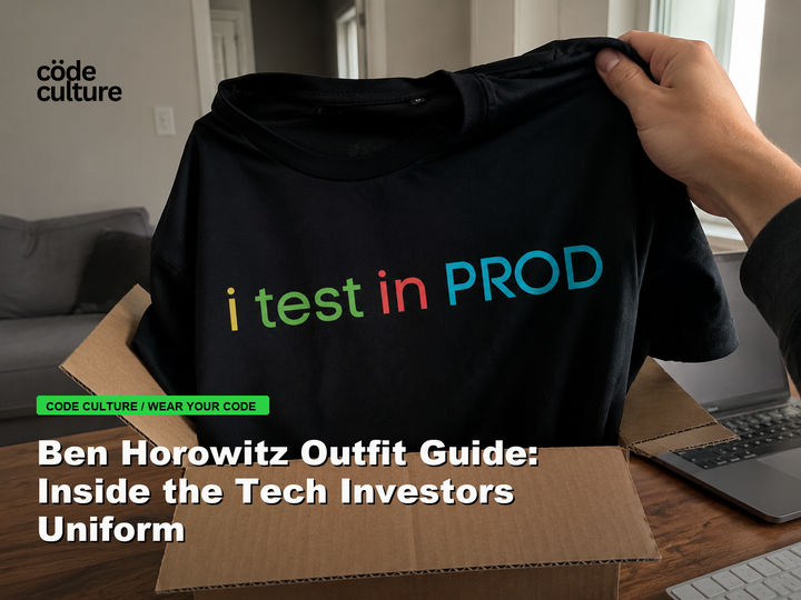 Code Culture blog banner for Ben Horowitz Outfit Guide: Inside the Tech Investors Uniform, featuring a i test in prod developer t-shirt.