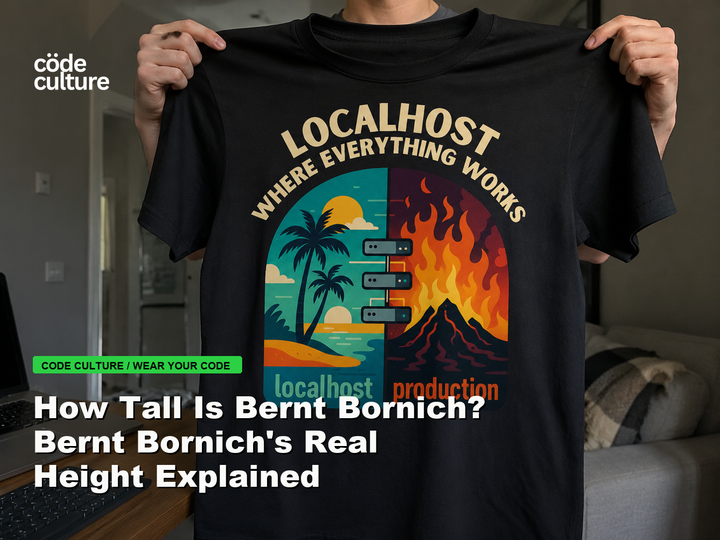 Code Culture blog banner for How Tall Is Bernt Bornich? Bernt Bornich's Real Height Explained, featuring a localhost production developer t-shirt.