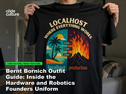 Code Culture blog banner for Bernt Bornich Outfit Guide: Inside the Hardware and Robotics Founders Uniform, featuring a localhost production developer t-shirt.
