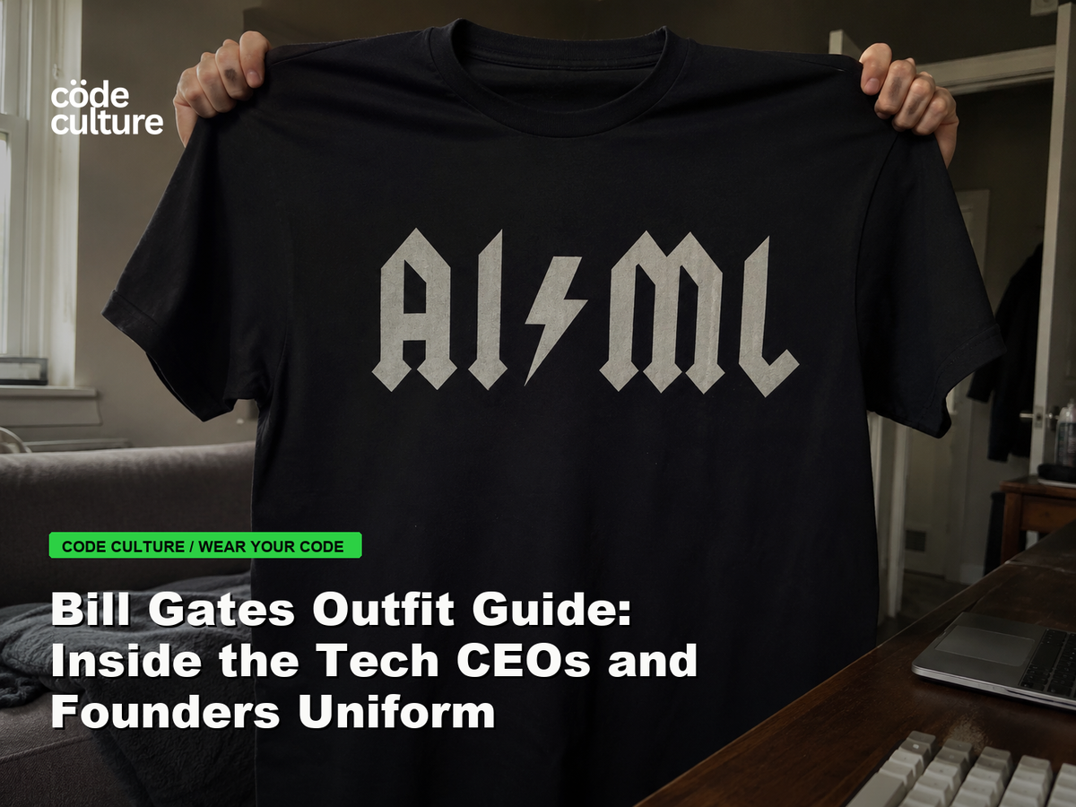 Code Culture blog banner for Bill Gates Outfit Guide: Inside the Tech CEOs and Founders Uniform, featuring a aiml 100416 developer t-shirt.