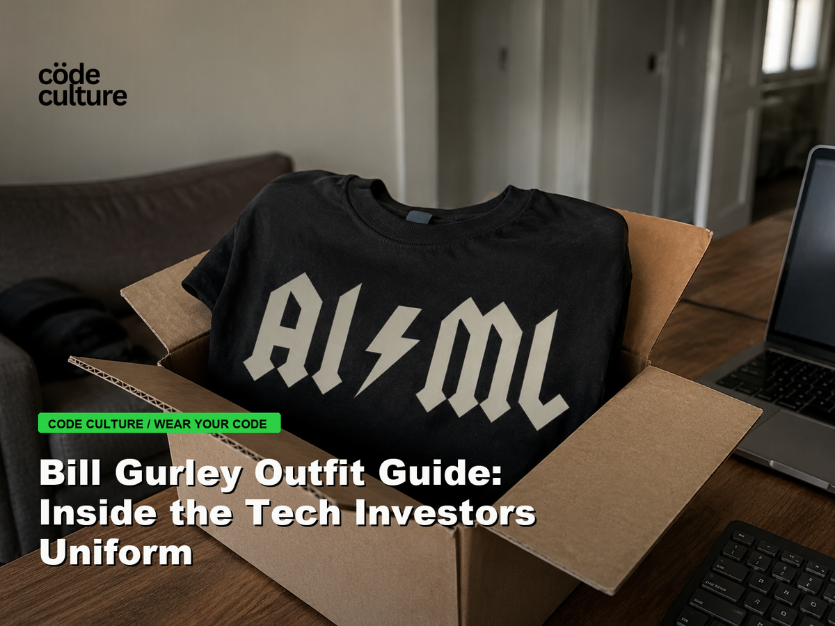 Code Culture blog banner for Bill Gurley Outfit Guide: Inside the Tech Investors Uniform, featuring a aiml 100416 developer t-shirt.