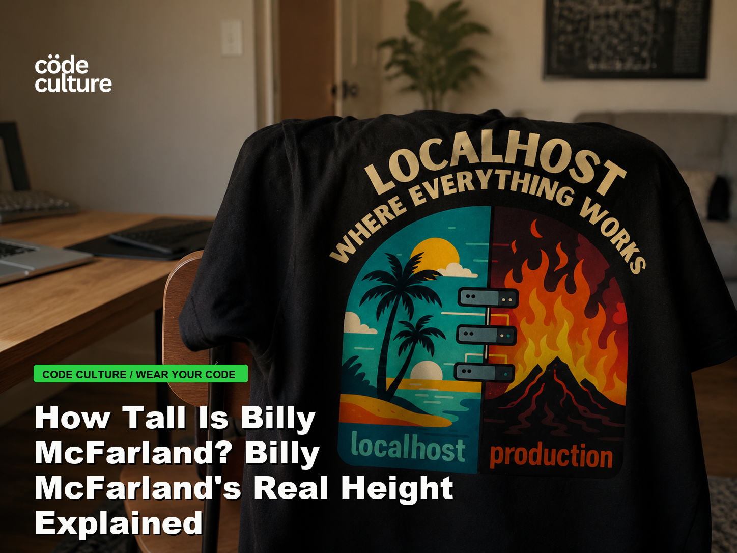 Code Culture blog banner for How Tall Is Billy McFarland? Billy McFarland's Real Height Explained, featuring a localhost production developer t-shirt.
