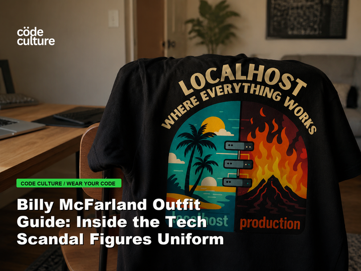 Code Culture blog banner for Billy McFarland Outfit Guide: Inside the Tech Scandal Figures Uniform, featuring a localhost production developer t-shirt.