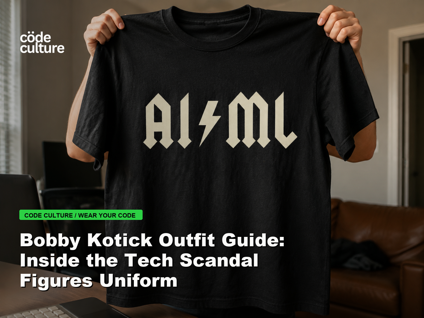 Code Culture blog banner for Bobby Kotick Outfit Guide: Inside the Tech Scandal Figures Uniform, featuring a aiml 100416 developer t-shirt.