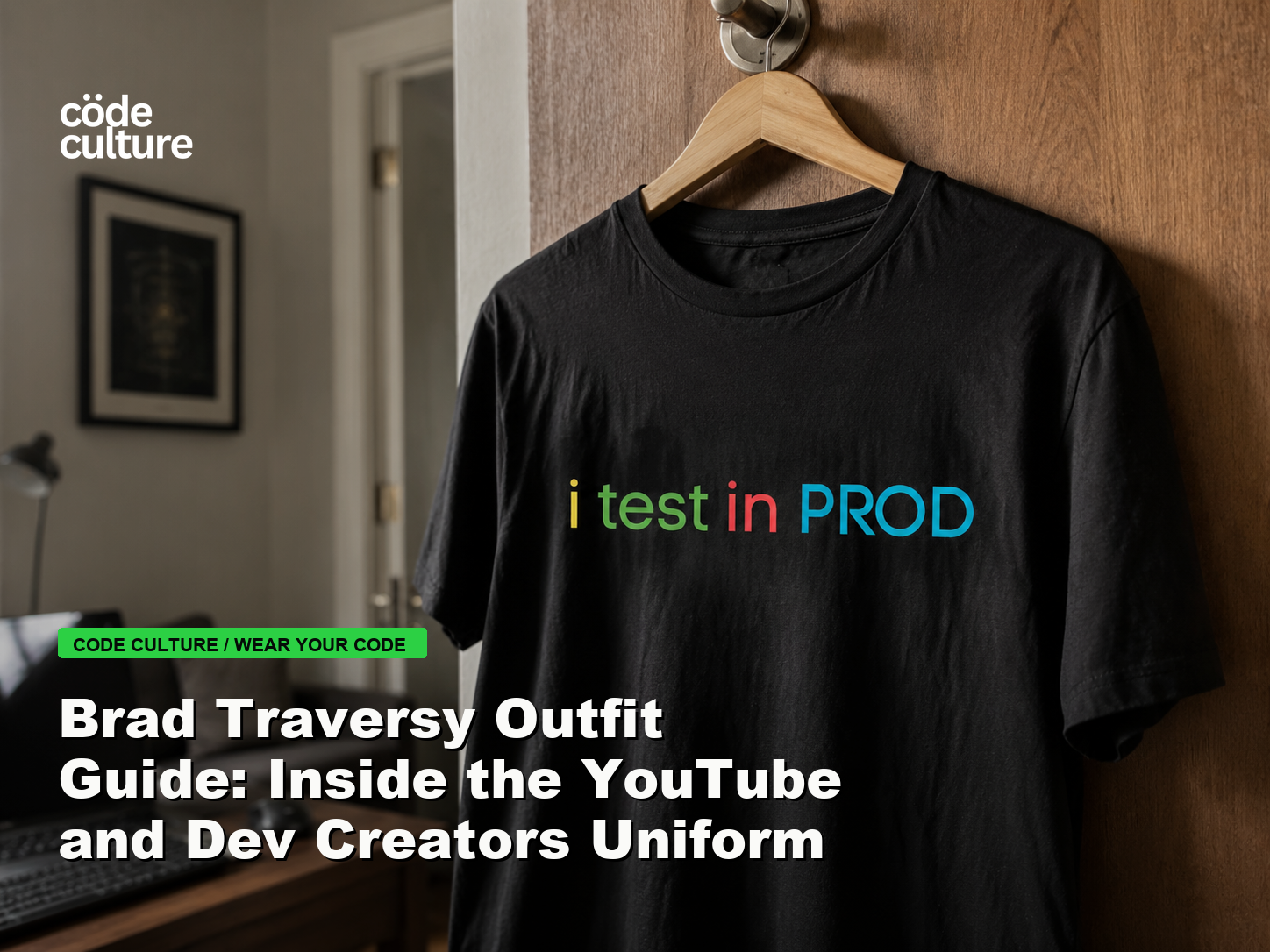 Code Culture blog banner for Brad Traversy Outfit Guide: Inside the YouTube and Dev Creators Uniform, featuring a i test in prod developer t-shirt.