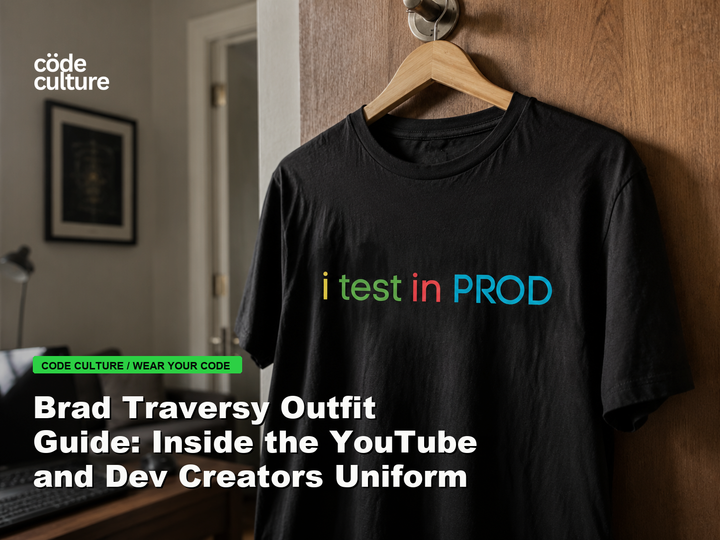 Code Culture blog banner for Brad Traversy Outfit Guide: Inside the YouTube and Dev Creators Uniform, featuring a i test in prod developer t-shirt.