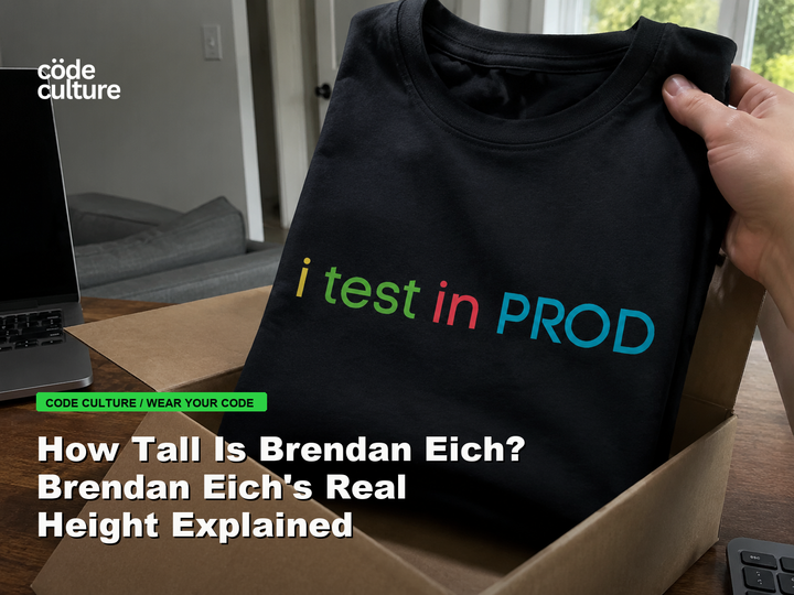 Code Culture blog banner for How Tall Is Brendan Eich? Brendan Eich's Real Height Explained, featuring a i test in prod developer t-shirt.