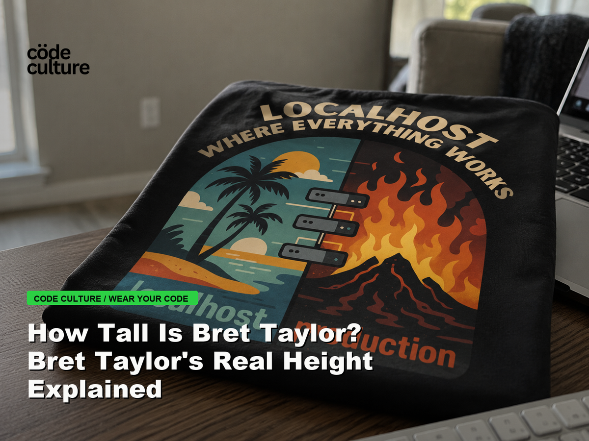 Code Culture blog banner for How Tall Is Bret Taylor? Bret Taylor's Real Height Explained, featuring a localhost production developer t-shirt.