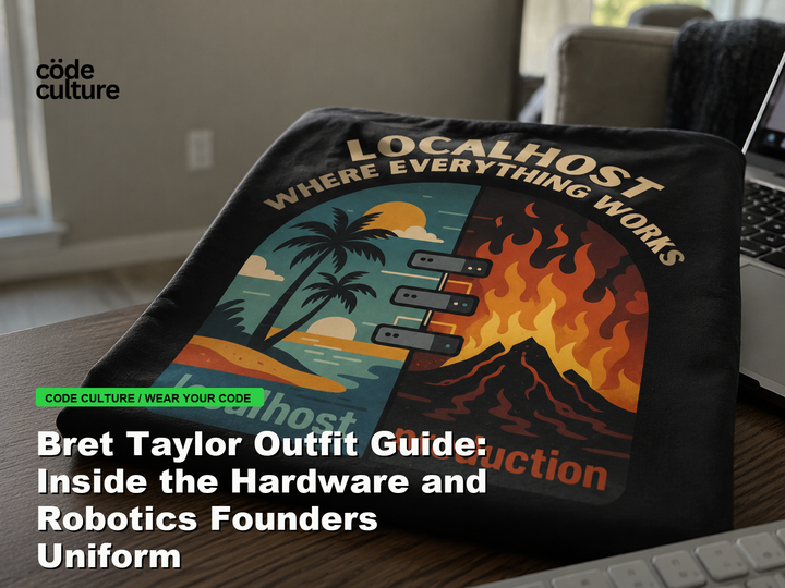 Code Culture blog banner for Bret Taylor Outfit Guide: Inside the Hardware and Robotics Founders Uniform, featuring a localhost production developer t-shirt.