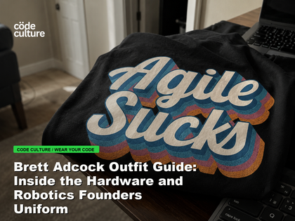 Code Culture blog banner for Brett Adcock Outfit Guide: Inside the Hardware and Robotics Founders Uniform, featuring a agile suck developer t-shirt.