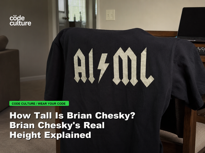 Code Culture blog banner for How Tall Is Brian Chesky? Brian Chesky's Real Height Explained, featuring a aiml 100416 developer t-shirt.