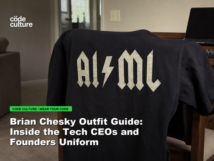 Code Culture blog banner for Brian Chesky Outfit Guide: Inside the Tech CEOs and Founders Uniform, featuring a aiml 100416 developer t-shirt.
