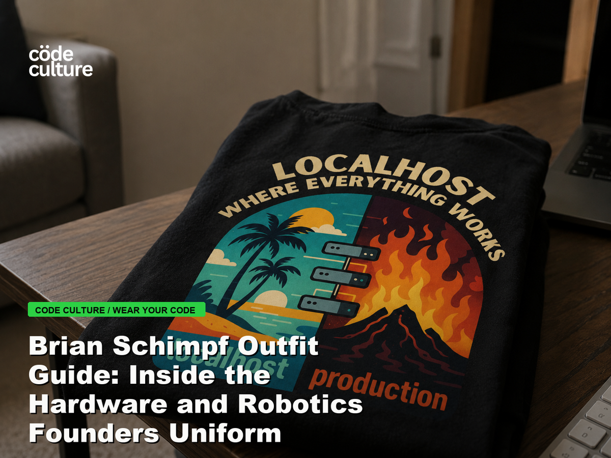 Code Culture blog banner for Brian Schimpf Outfit Guide: Inside the Hardware and Robotics Founders Uniform, featuring a localhost production developer t-shirt.