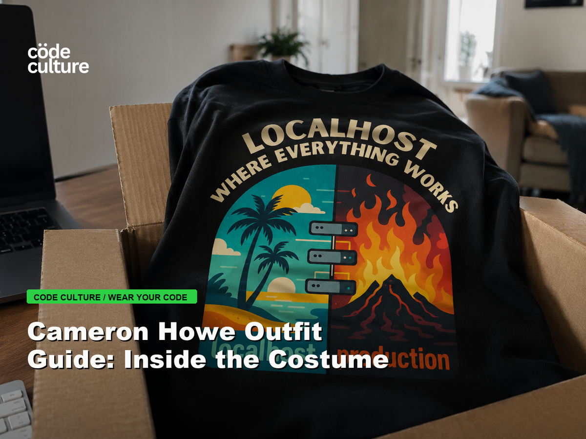 Code Culture blog banner for Cameron Howe Outfit Guide: Inside the Costume, featuring a localhost production developer t-shirt.