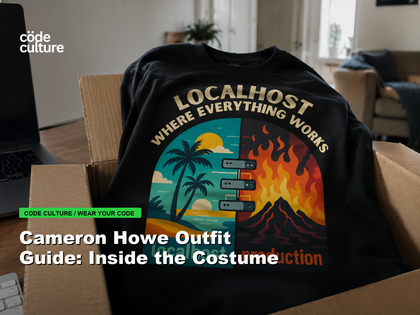 Code Culture blog banner for Cameron Howe Outfit Guide: Inside the Costume, featuring a localhost production developer t-shirt.