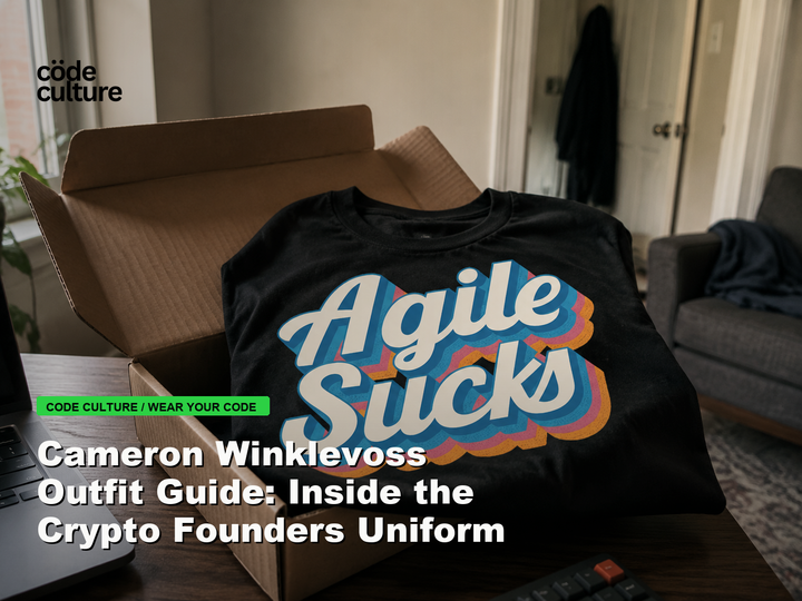 Code Culture blog banner for Cameron Winklevoss Outfit Guide: Inside the Crypto Founders Uniform, featuring a agile suck developer t-shirt.