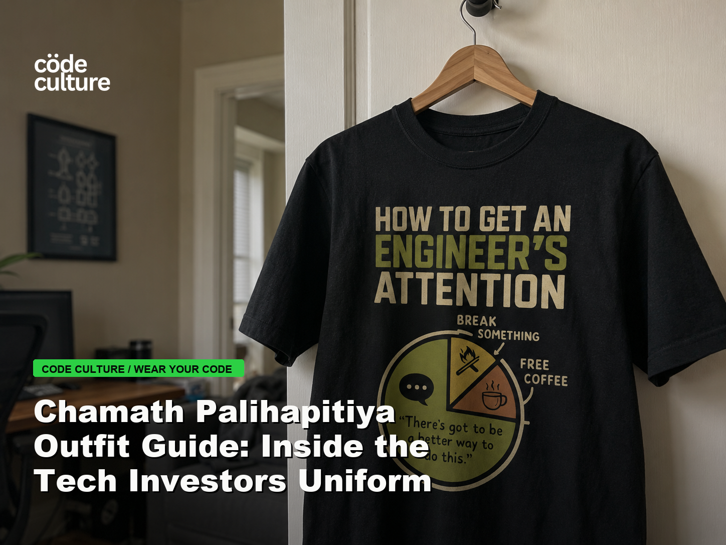 Code Culture blog banner for Chamath Palihapitiya Outfit Guide: Inside the Tech Investors Uniform, featuring a how to get an engineer attention developer t-shirt.