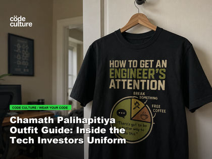 Code Culture blog banner for Chamath Palihapitiya Outfit Guide: Inside the Tech Investors Uniform, featuring a how to get an engineer attention developer t-shirt.