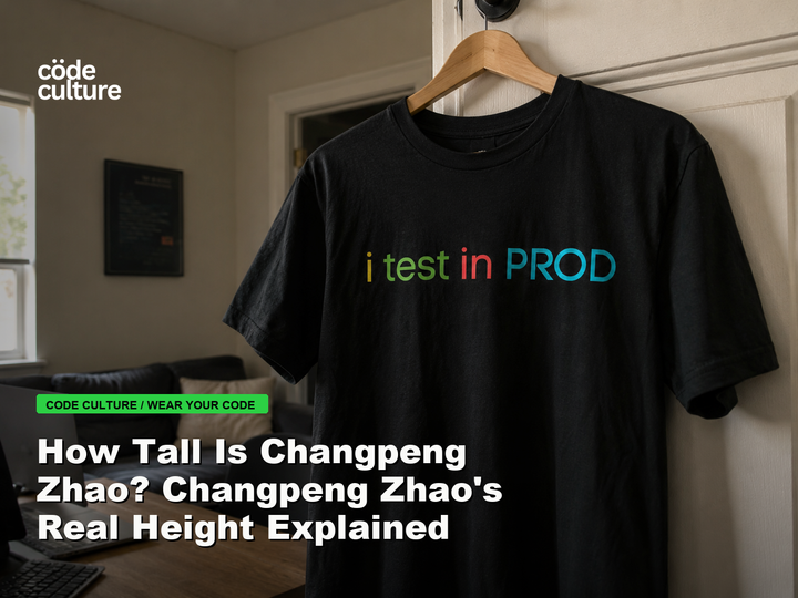 Code Culture blog banner for How Tall Is Changpeng Zhao? Changpeng Zhao's Real Height Explained, featuring a i test in prod developer t-shirt.