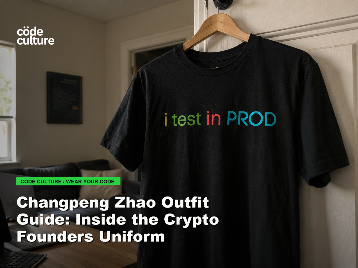 Code Culture blog banner for Changpeng Zhao Outfit Guide: Inside the Crypto Founders Uniform, featuring a i test in prod developer t-shirt.