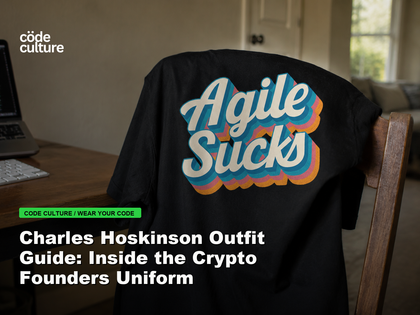 Code Culture blog banner for Charles Hoskinson Outfit Guide: Inside the Crypto Founders Uniform, featuring a agile suck developer t-shirt.