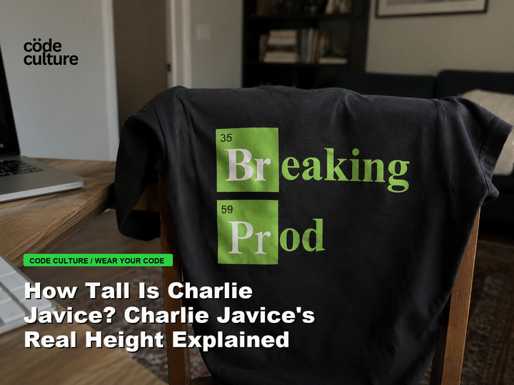 Code Culture blog banner for How Tall Is Charlie Javice? Charlie Javice's Real Height Explained, featuring a 35 breaking 59 prod developer t-shirt.