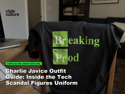 Code Culture blog banner for Charlie Javice Outfit Guide: Inside the Tech Scandal Figures Uniform, featuring a 35 breaking 59 prod developer t-shirt.