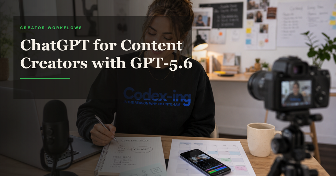 Content creator wearing a Codex sweatshirt planning ChatGPT content with a camera and microphone