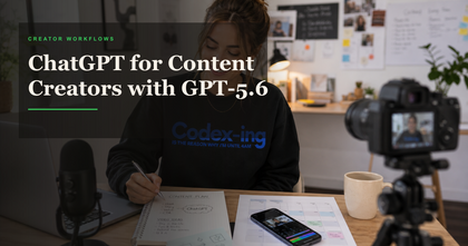 Content creator wearing a Codex sweatshirt planning ChatGPT content with a camera and microphone