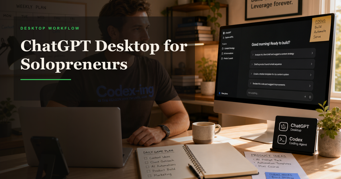 Solopreneur wearing a Codex shirt using ChatGPT desktop and Codex at a home office desk