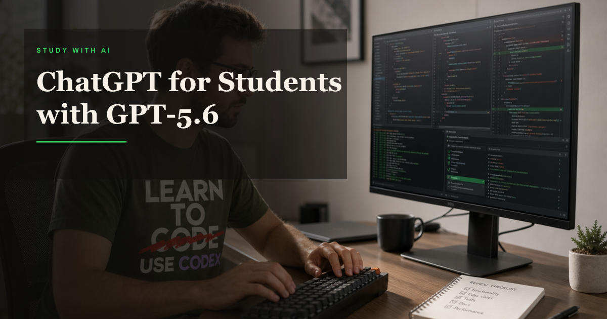 Student-style coding setup with a Learn to Code Use Codex shirt and review checklist