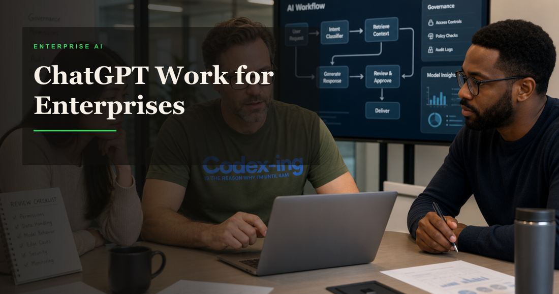 Enterprise team reviewing an AI workflow while a team lead wears a Codex shirt