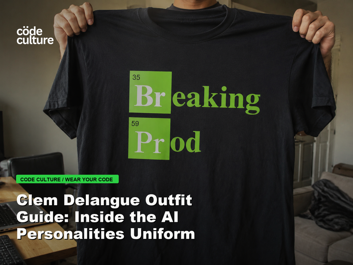 Code Culture blog banner for Clem Delangue Outfit Guide: Inside the AI Personalities Uniform, featuring a 35 breaking 59 prod developer t-shirt.