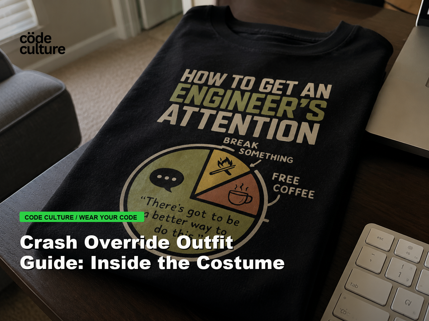 Code Culture blog banner for Crash Override Outfit Guide: Inside the Costume, featuring a how to get an engineer attention developer t-shirt.
