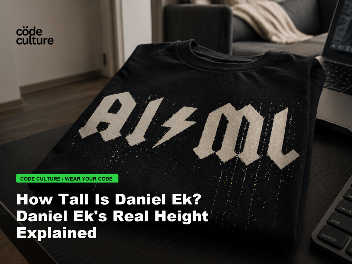 Code Culture blog banner for How Tall Is Daniel Ek? Daniel Ek's Real Height Explained, featuring a aiml 100416 developer t-shirt.