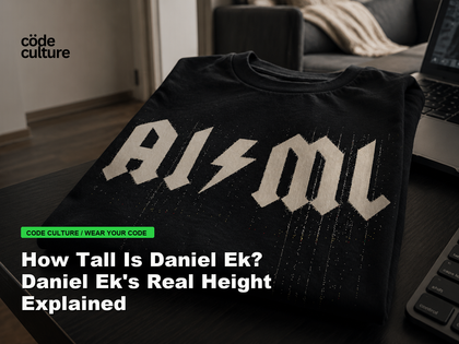 Code Culture blog banner for How Tall Is Daniel Ek? Daniel Ek's Real Height Explained, featuring a aiml 100416 developer t-shirt.