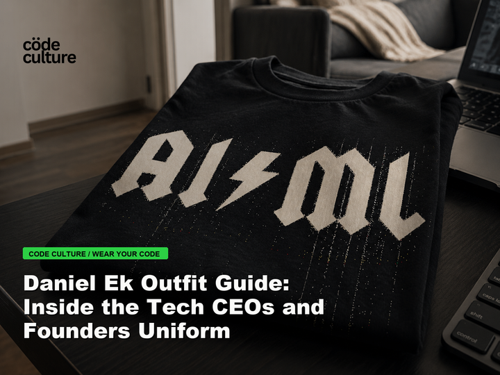 Code Culture blog banner for Daniel Ek Outfit Guide: Inside the Tech CEOs and Founders Uniform, featuring a aiml 100416 developer t-shirt.