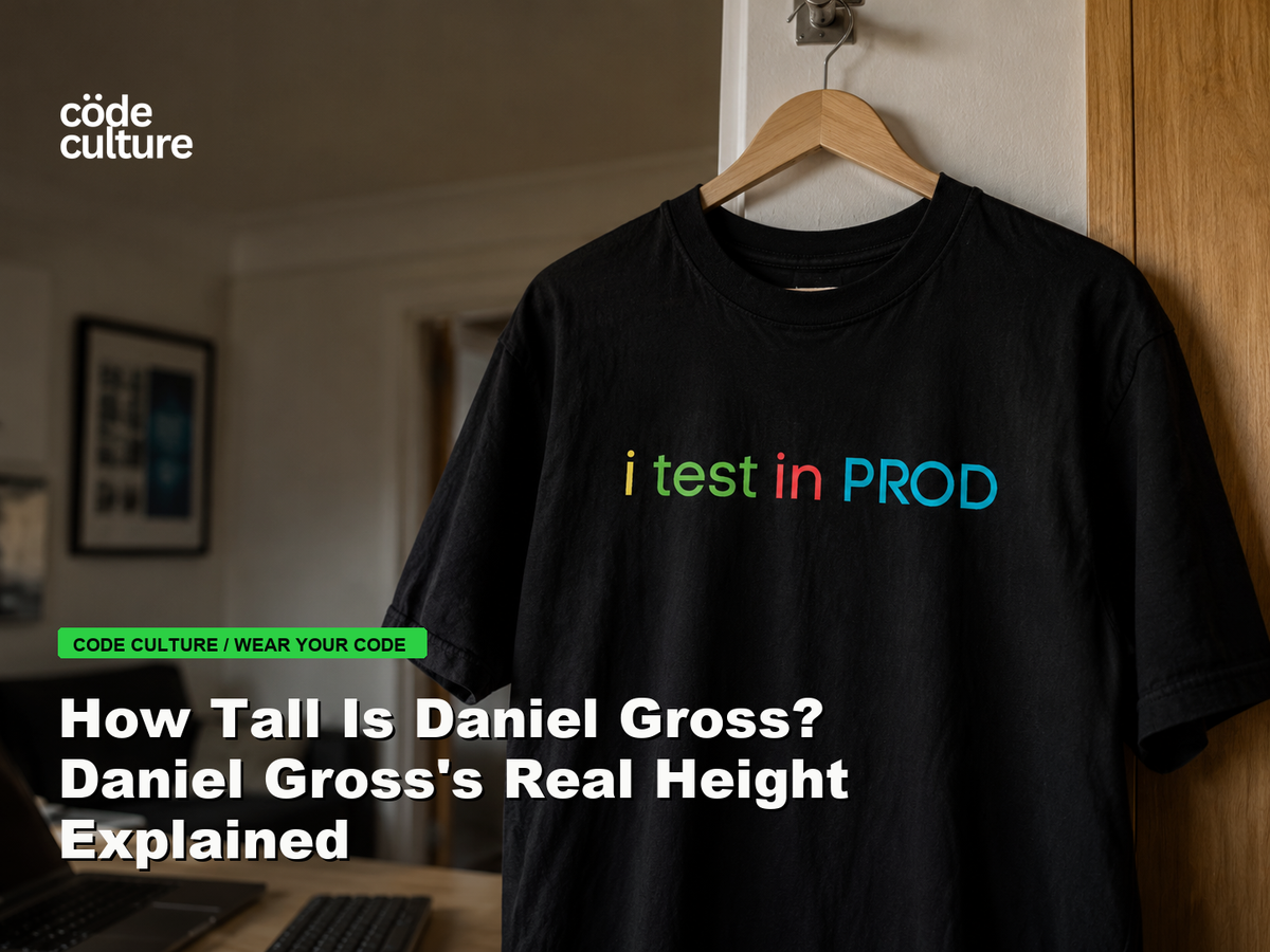Code Culture blog banner for How Tall Is Daniel Gross? Daniel Gross's Real Height Explained, featuring a i test in prod developer t-shirt.