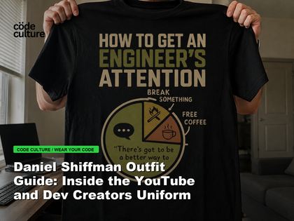 Code Culture blog banner for Daniel Shiffman Outfit Guide: Inside the YouTube and Dev Creators Uniform, featuring a how to get an engineer attention developer t-shirt.
