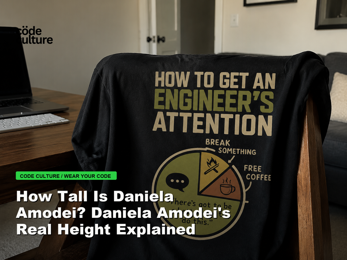 Code Culture blog banner for How Tall Is Daniela Amodei? Daniela Amodei's Real Height Explained, featuring a how to get an engineer attention developer t-shirt.