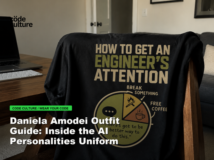 Code Culture blog banner for Daniela Amodei Outfit Guide: Inside the AI Personalities Uniform, featuring a how to get an engineer attention developer t-shirt.