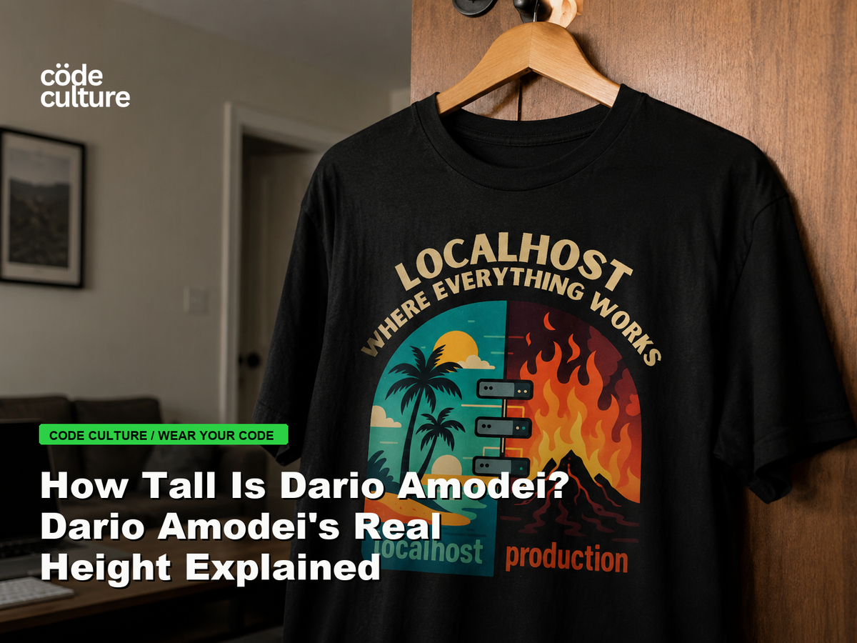Code Culture blog banner for How Tall Is Dario Amodei? Dario Amodei's Real Height Explained, featuring a localhost production developer t-shirt.