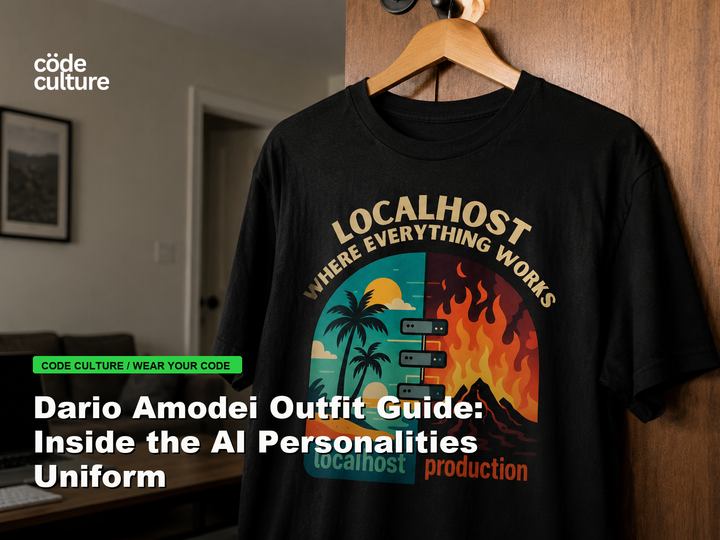 Code Culture blog banner for Dario Amodei Outfit Guide: Inside the AI Personalities Uniform, featuring a localhost production developer t-shirt.