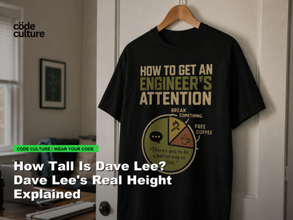 Code Culture blog banner for How Tall Is Dave Lee? Dave Lee's Real Height Explained, featuring a how to get an engineer attention developer t-shirt.