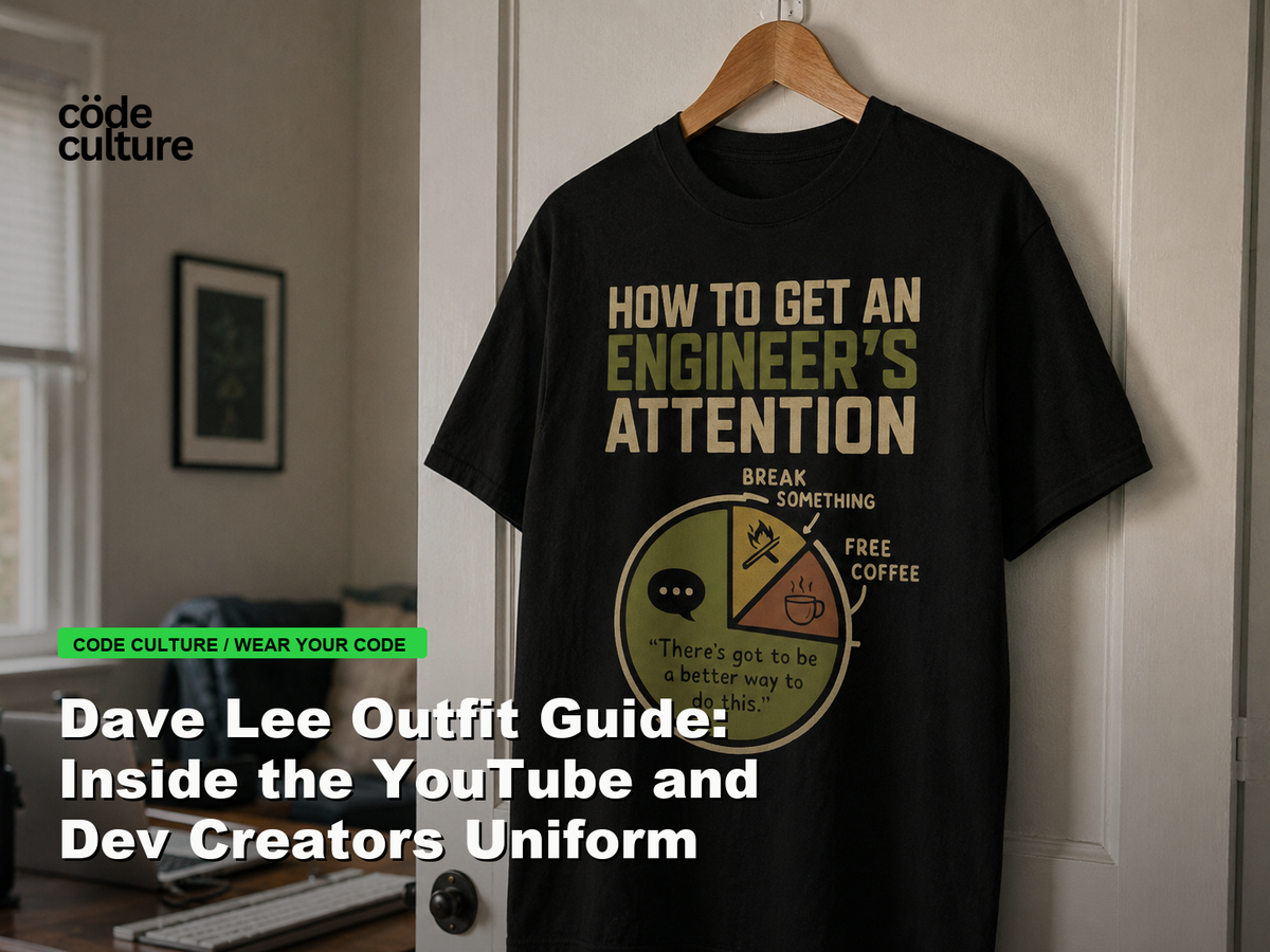 Code Culture blog banner for Dave Lee Outfit Guide: Inside the YouTube and Dev Creators Uniform, featuring a how to get an engineer attention developer t-shirt.