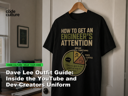 Code Culture blog banner for Dave Lee Outfit Guide: Inside the YouTube and Dev Creators Uniform, featuring a how to get an engineer attention developer t-shirt.