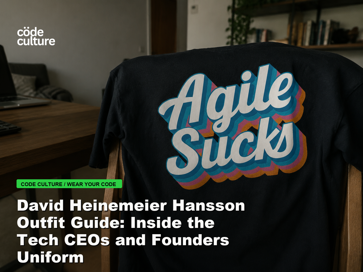 Code Culture blog banner for David Heinemeier Hansson Outfit Guide: Inside the Tech CEOs and Founders Uniform, featuring a agile suck developer t-shirt.