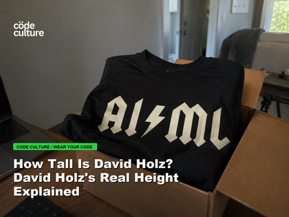 Code Culture blog banner for How Tall Is David Holz? David Holz's Real Height Explained, featuring a aiml 100416 developer t-shirt.